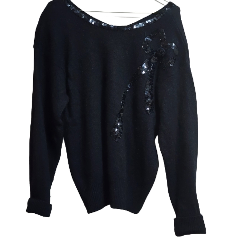VINTAGE 90s Karen Scott 90s black sequin embellished pullover sweater size large